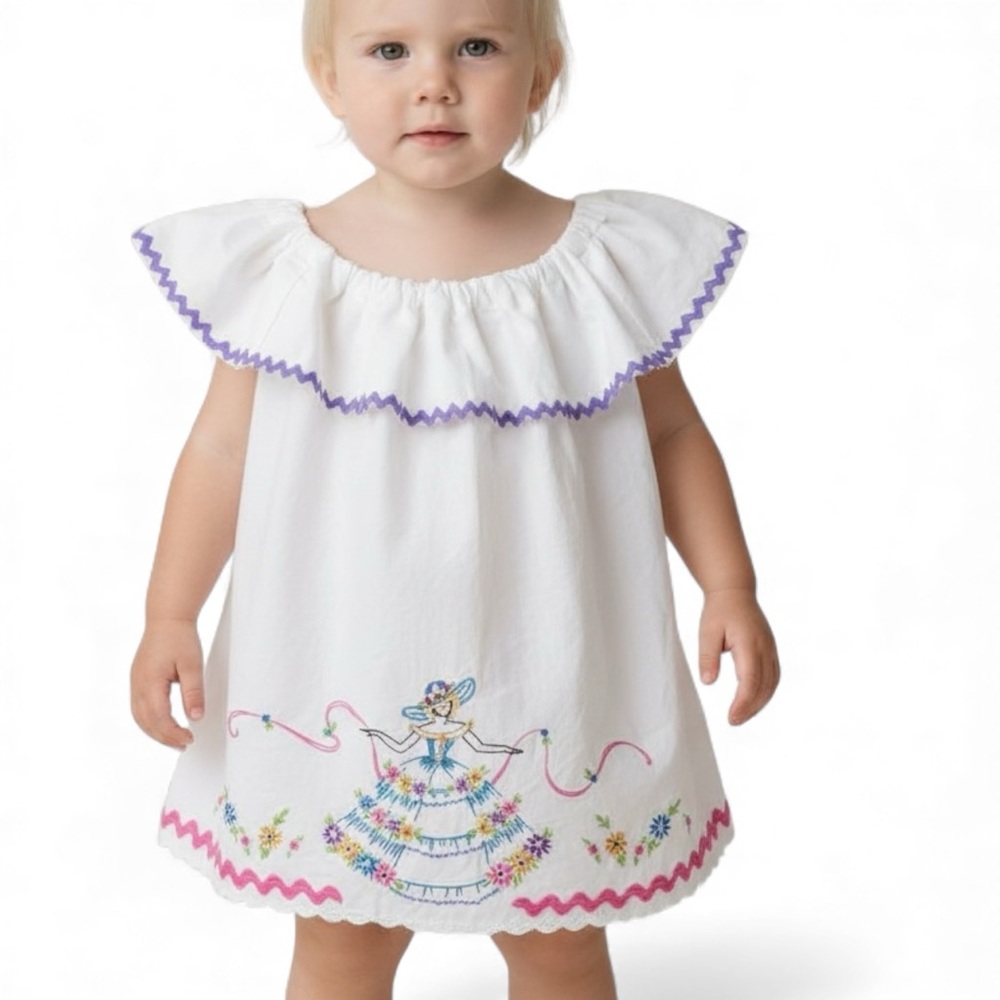 Child Dress VTG Pillowcase White Ruffled Sleeve Hand ‎ Embroidered Design | 24mo